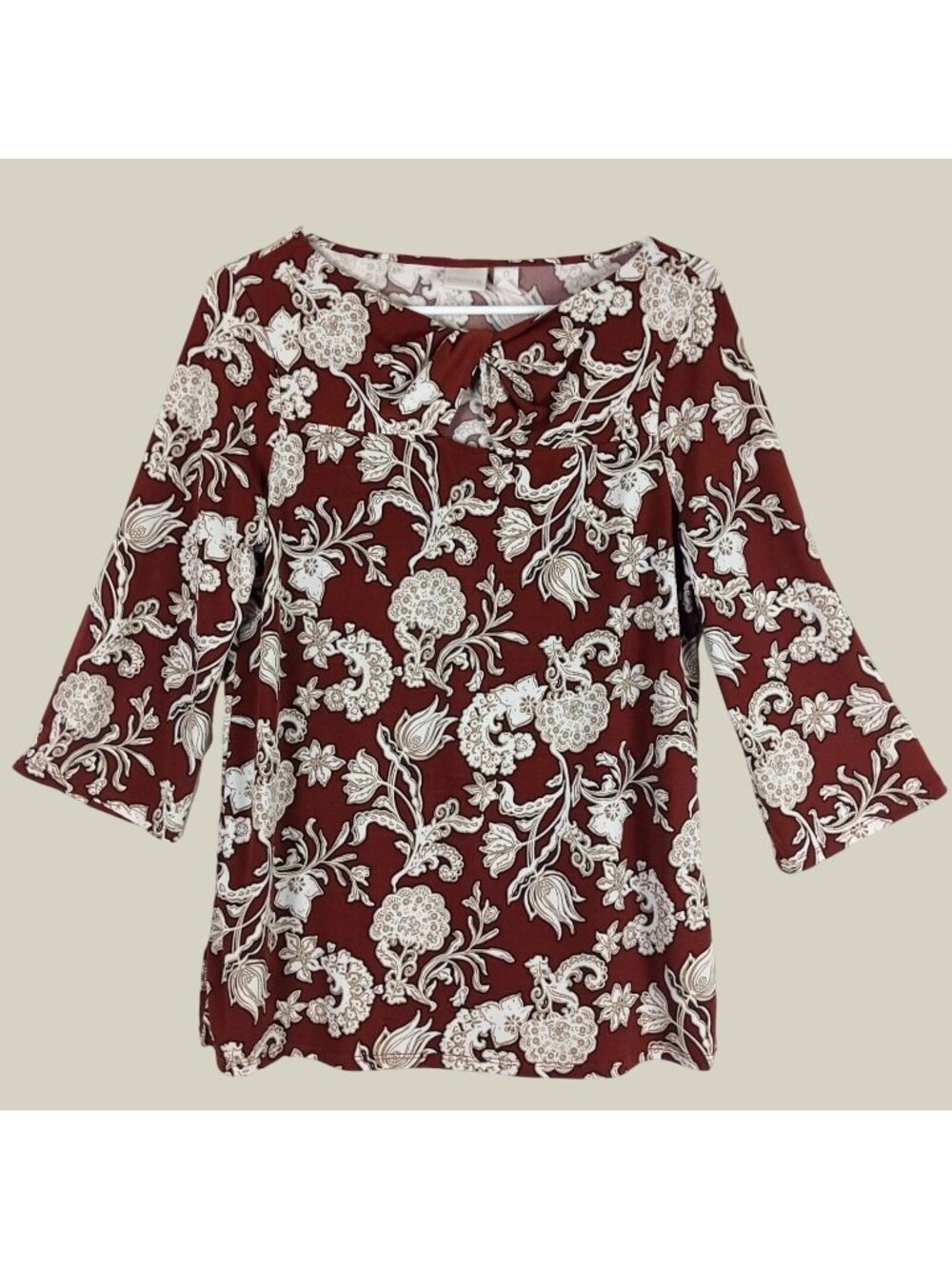 Chicos Twist Front Scroll Print Top Womens S Office Career Coastal Grandma Artsy